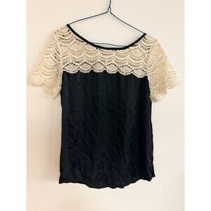 Vintage LC Lauren Conrad Black Crochet Lace Blouse Ivory Lace Boho Top -Size M